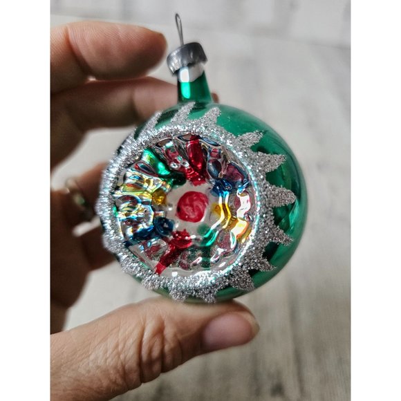 Vintage indent green silver glitter ball ornament reflector Xmas tree - Picture 3 of 9
